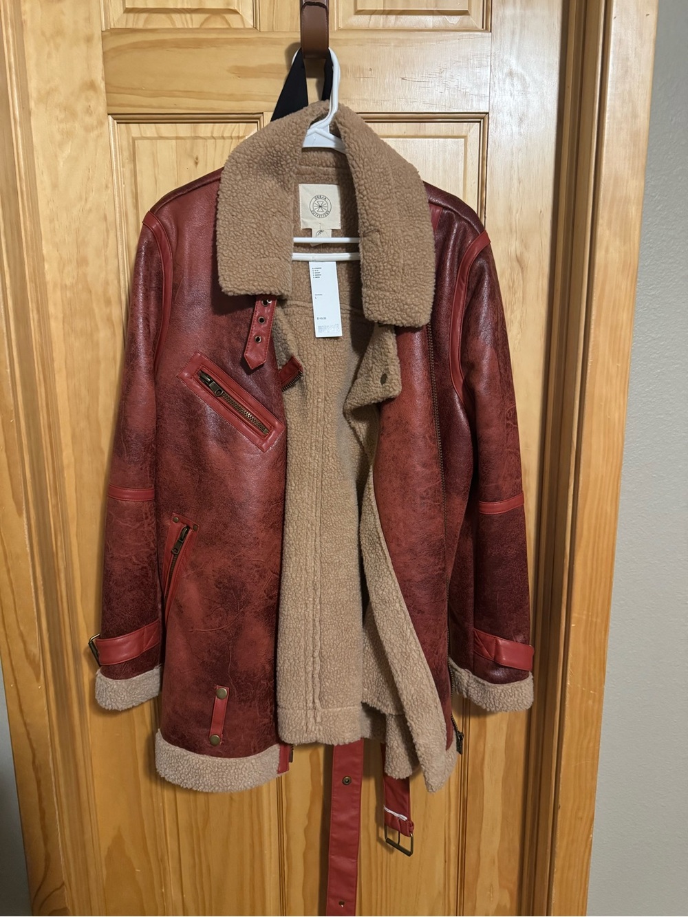 Urban Outfitters Red Aviator Jacket with Tan Shearling